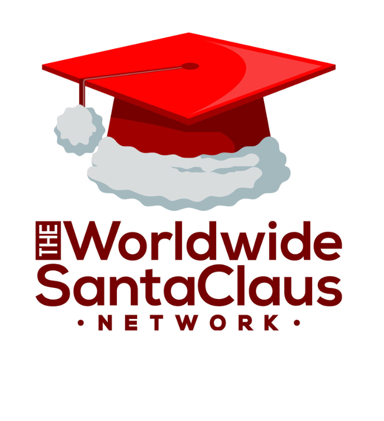 a red and white logo ona white background that includes a santa-hat-themed graduation cap, as well as text that reads 