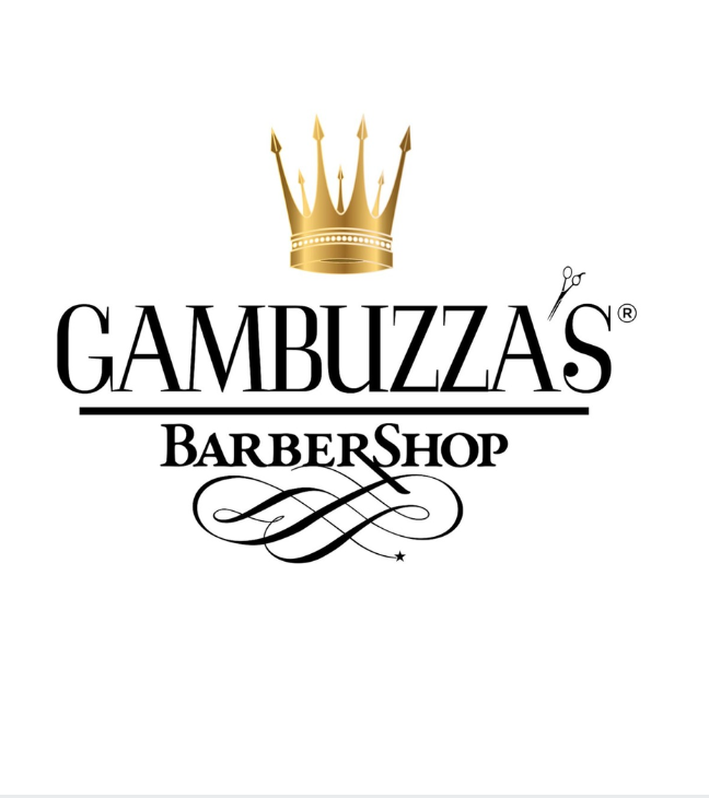 A black and gold logo with a a crown and a pair of scissors for a barber shop with text that reads 