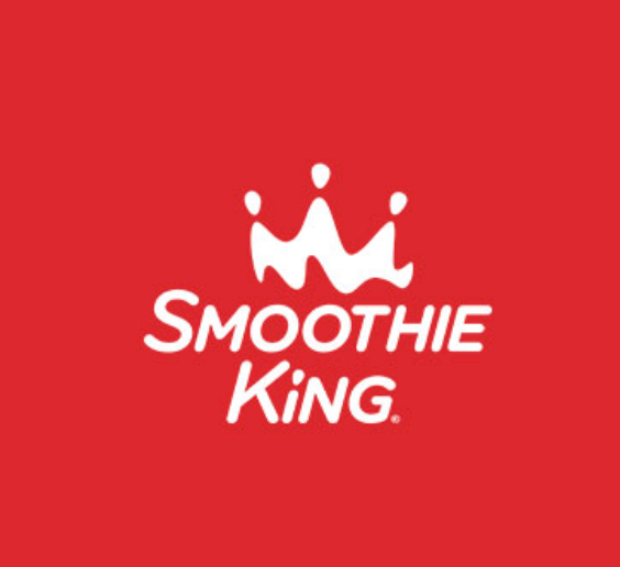 A white logo on a red background with a image of a crown and text that reads 